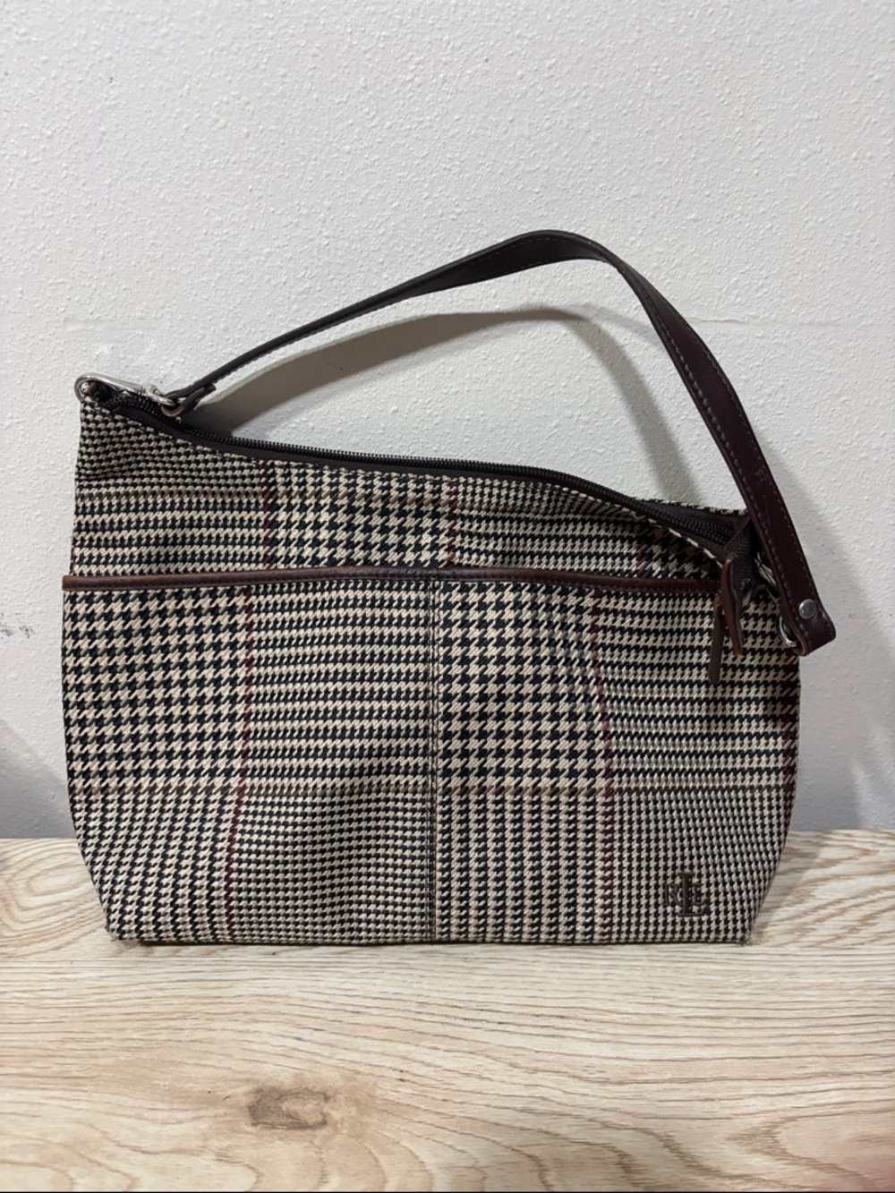 Lauren Ralph Lauren Black and Cream Plaid Shoulder Bag with Brown Trim